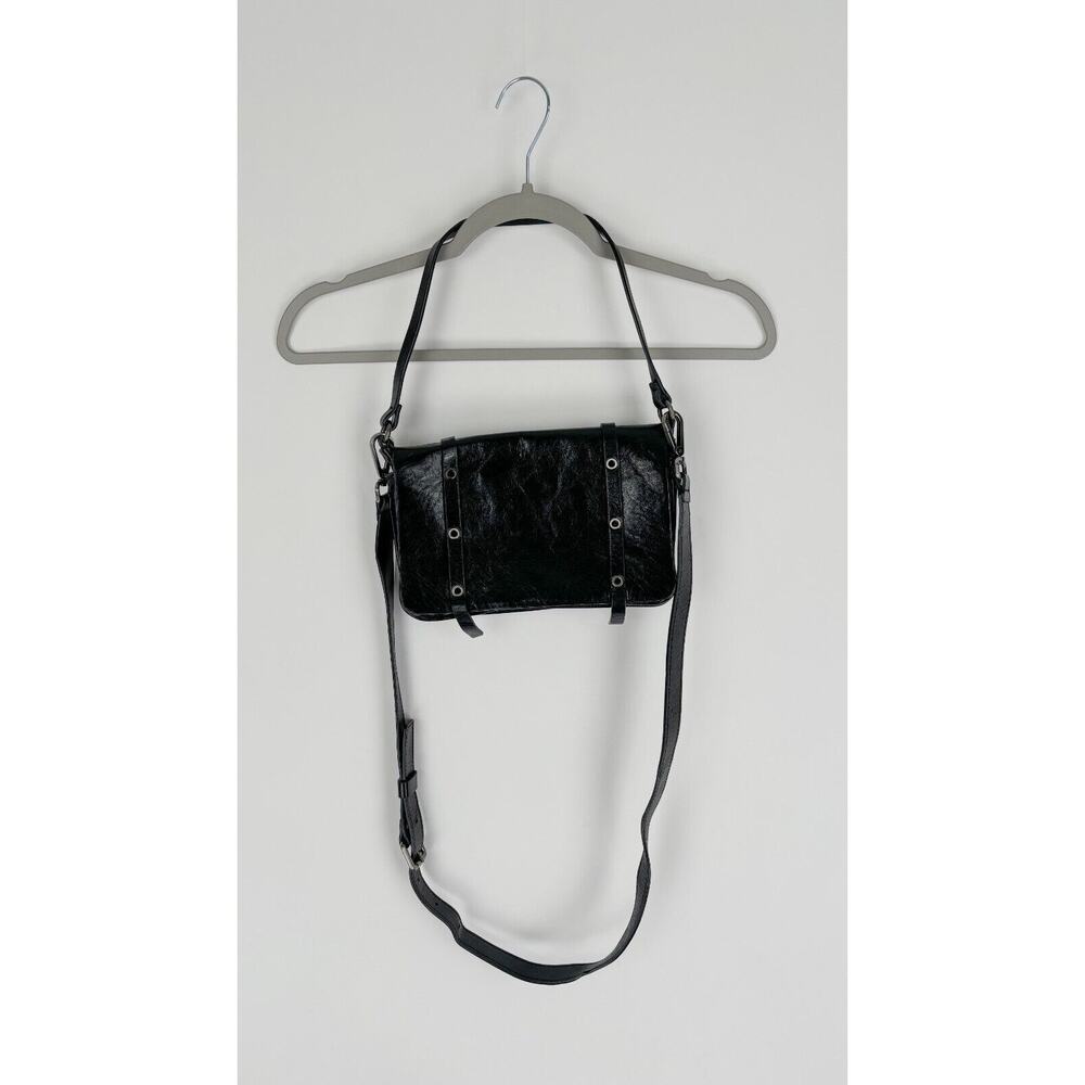 Lia Numa Womens Black Handbag Crossbody Strap Genuine Leather Grommet Purse